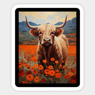 Retro Kitsch Highland Cattle Poppy Flowers Art Painting | Vintage-Inspired Wall Decor Sticker